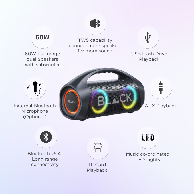 BLACK BassBoom Wireless Bluetooth Speaker, 60W, Optional Microphone, Up to 10H Playtime, 1 Yr Warranty BLACK BassBoom Wireless Bluetooth Speaker, 60W, Optional Microphone, Up to 10H Playtime, 1 Yr Warranty